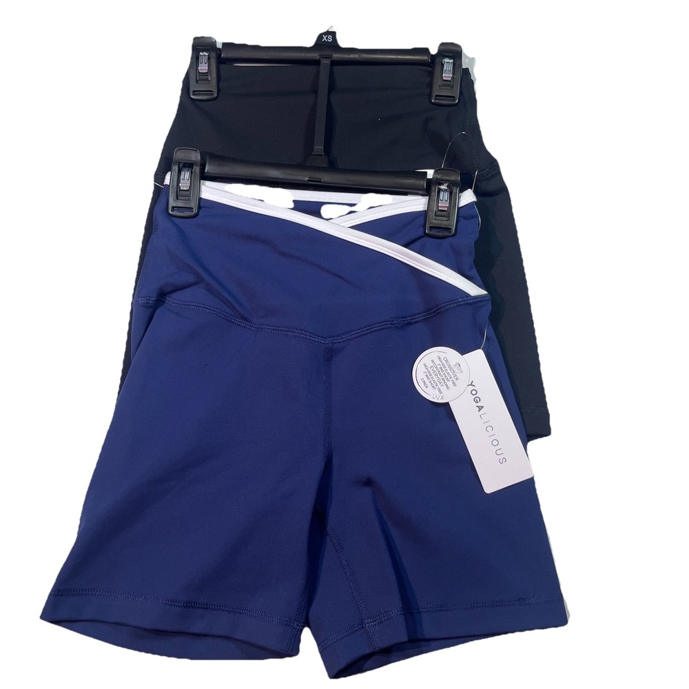 NWT Yogalicious Lux Shorts Crossover High Rise 5" XS 2 Pack Navy Black $78 Msrp